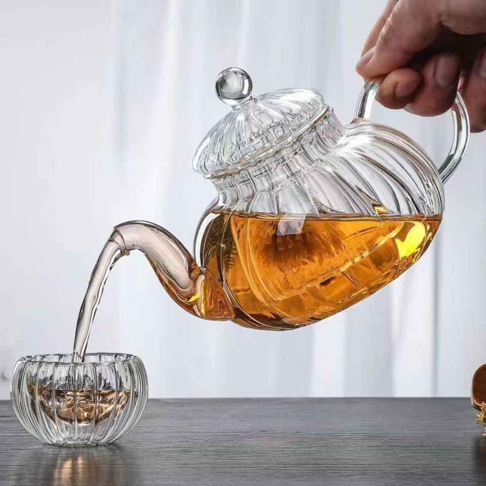 ストライプカボチャ形の花ティーポット花ティーカップガラスティ - Herbal Wellness Supplement のレビューと価格